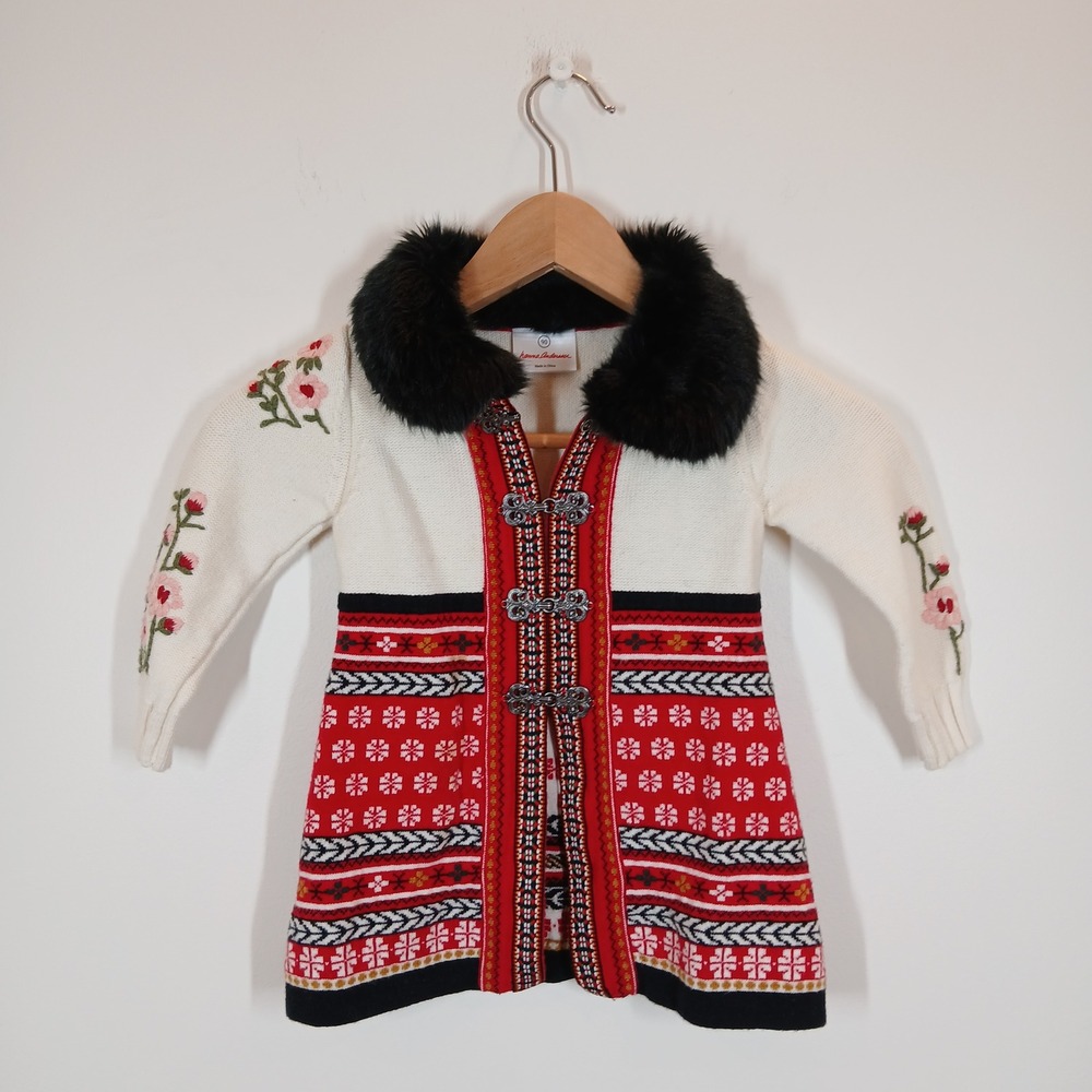 Hanna Andersson Sweater Coat Girls 3 Red White Cotton Merino Nordic Fair Isle